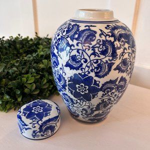 Blue & White Ceramic Jar  10"